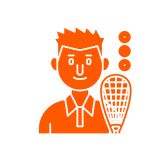 Man with squash racket and balls icon.