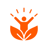 Person celebrating above stylized orange leaves.