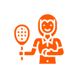 Orange tennis player icon with racket.