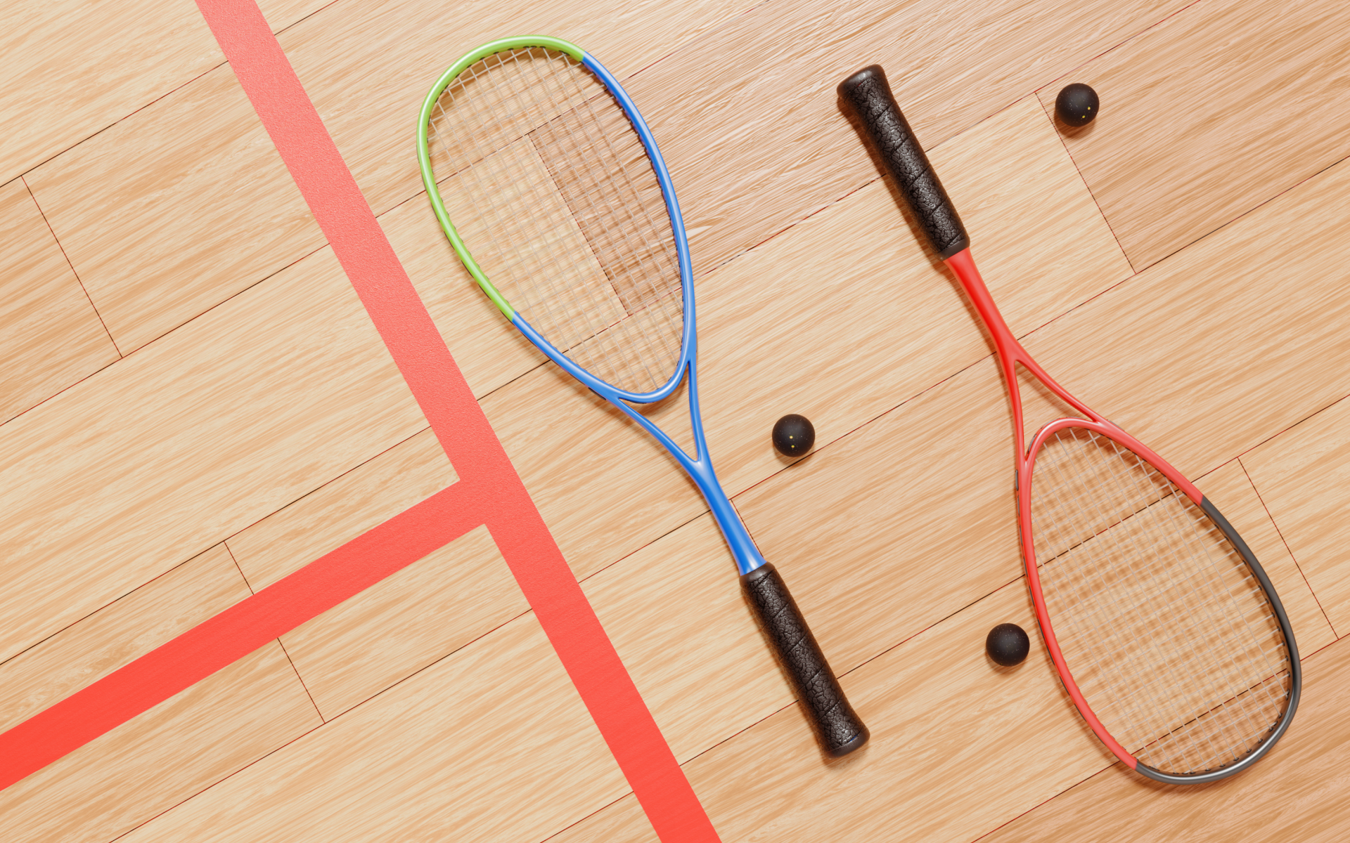 Squash rackets and balls on court floor.